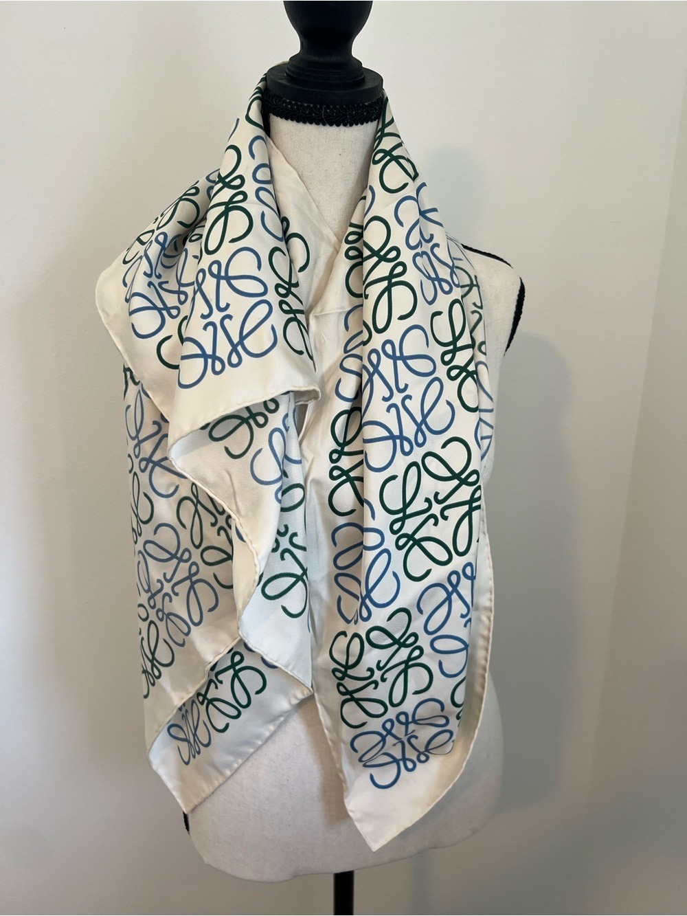 Vintage Loewe Anagram Silk Scarf Cream Green Blue Logo Made in Italy RARE